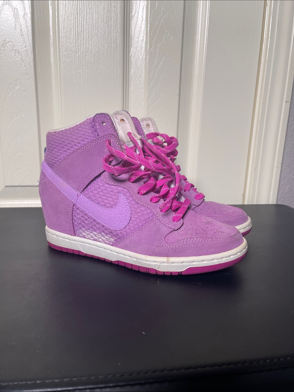Nike Women’s Purple Suede Platform High-Top Sneakers with Pink Laces